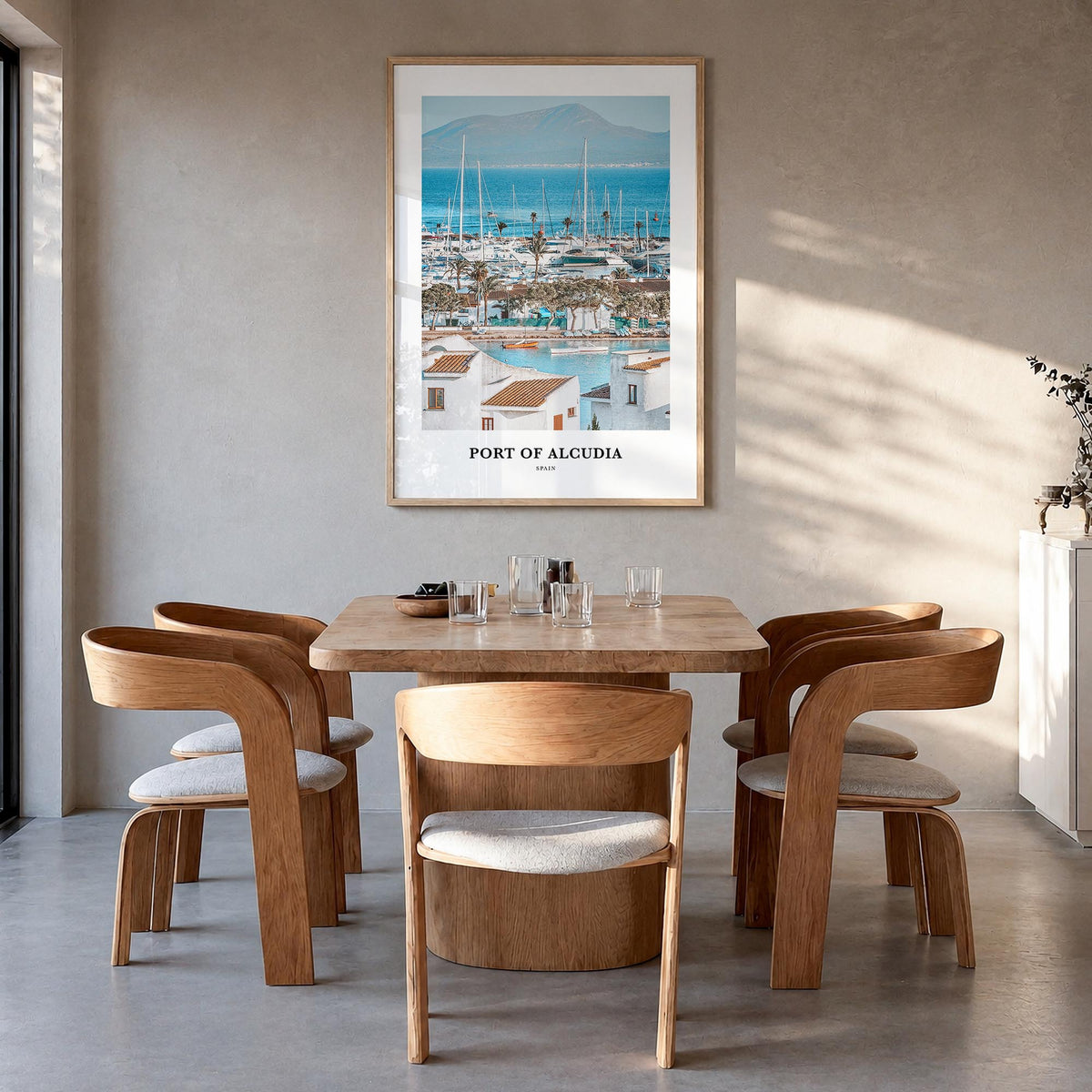 Port d'Alcúdia colorful classic poster of Spain – vertical wall art in natural wood frame, hanging on wall