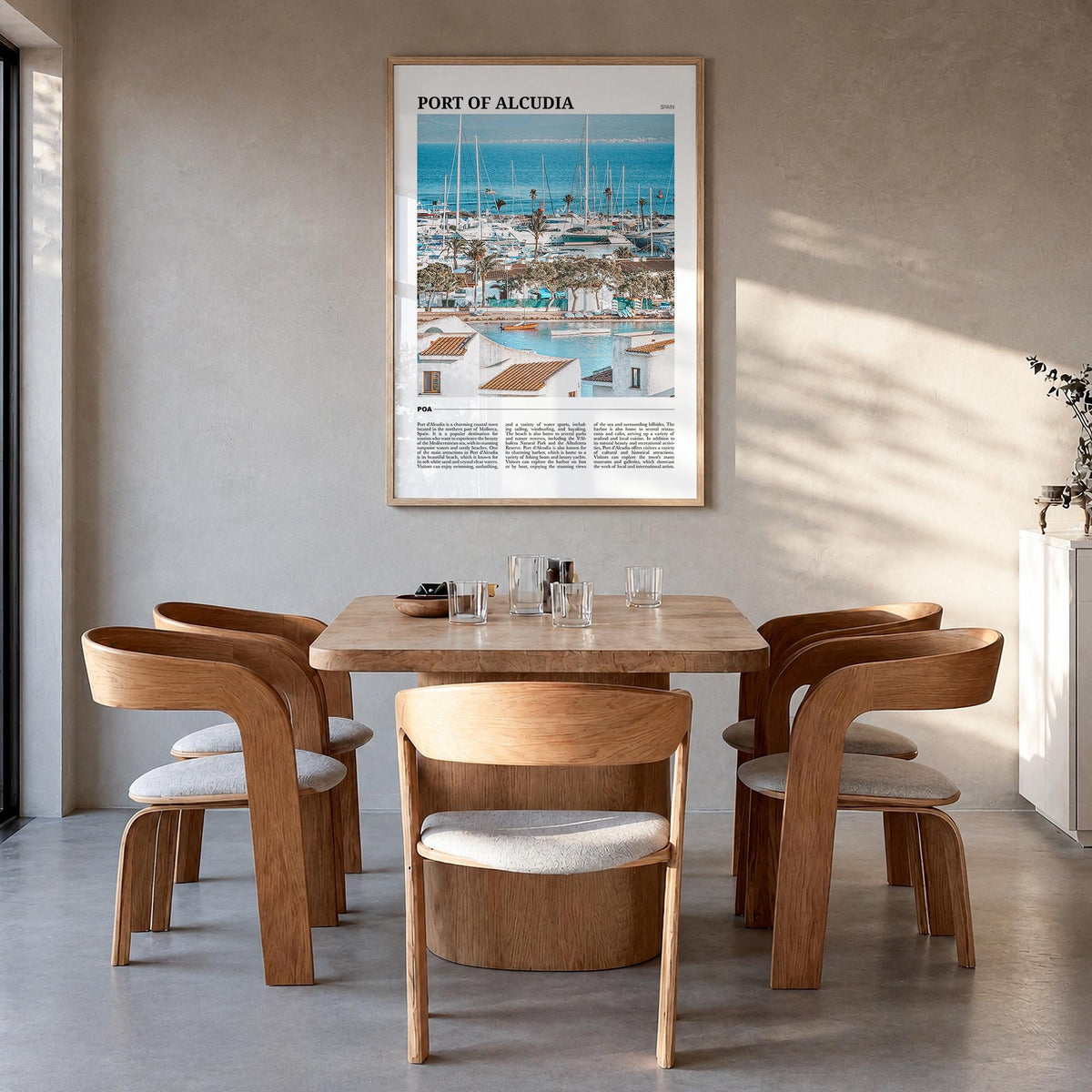 Port d'Alcúdia colorful travel poster of Spain – vertical wall art in natural wood frame, hanging on wall