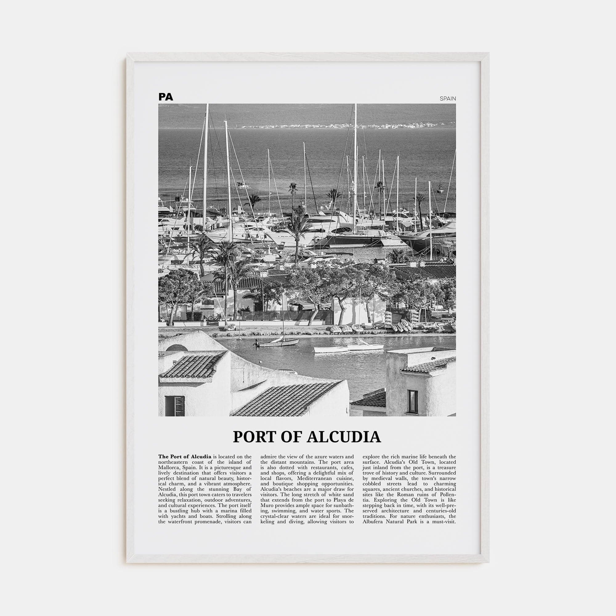 Port of Alcudia Poster White Wood / 8x12 in Nbourhood Travel B&W Poster