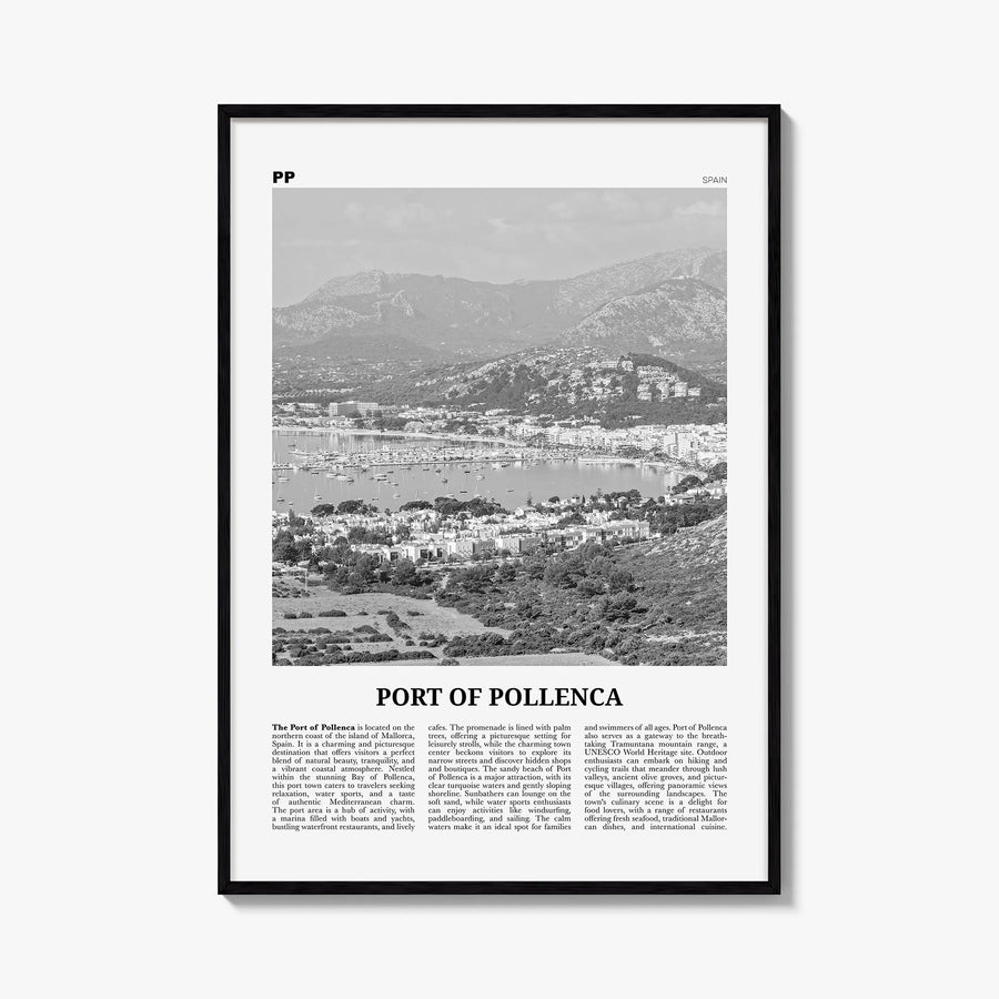 Port de Pollença no. 2 black & white newspaper poster of Spain – vertical wall art, unframed print shown in interior mockup