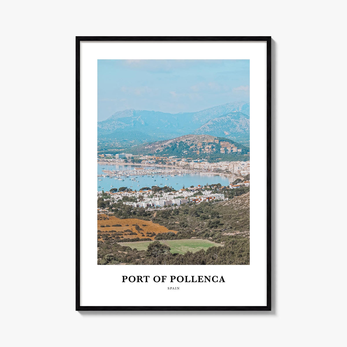 Port de Pollença colorful classic poster of Spain – vertical wall art, unframed print shown in interior mockup