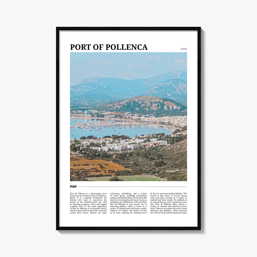 Port de Pollença colorful travel poster of Spain – vertical wall art, unframed print shown in interior mockup
