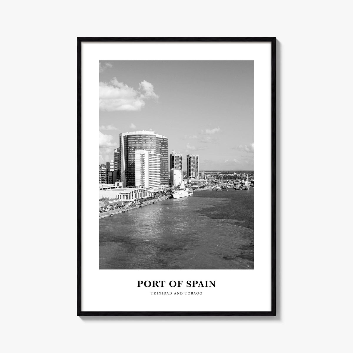 Port of Spain black & white classic poster of Trinidad and Tobago – vertical wall art, unframed print shown in interior mocku