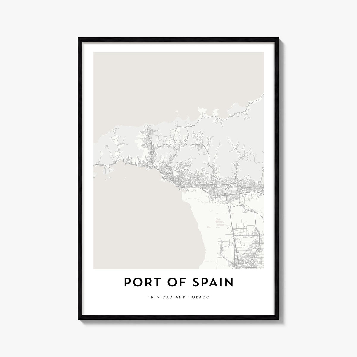 Port of Spain black & white map poster of Trinidad and Tobago – vertical wall art, unframed print shown in interior mockup
