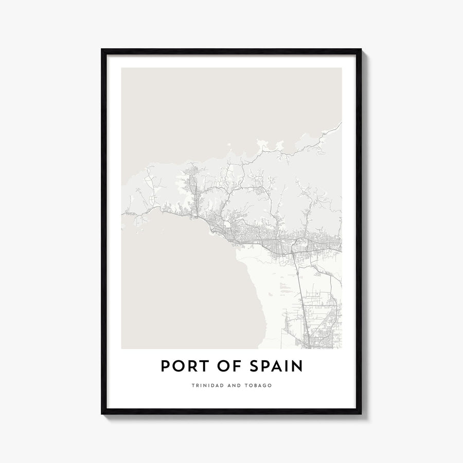 Port of Spain black & white map poster of Trinidad and Tobago – vertical wall art, unframed print shown in interior mockup