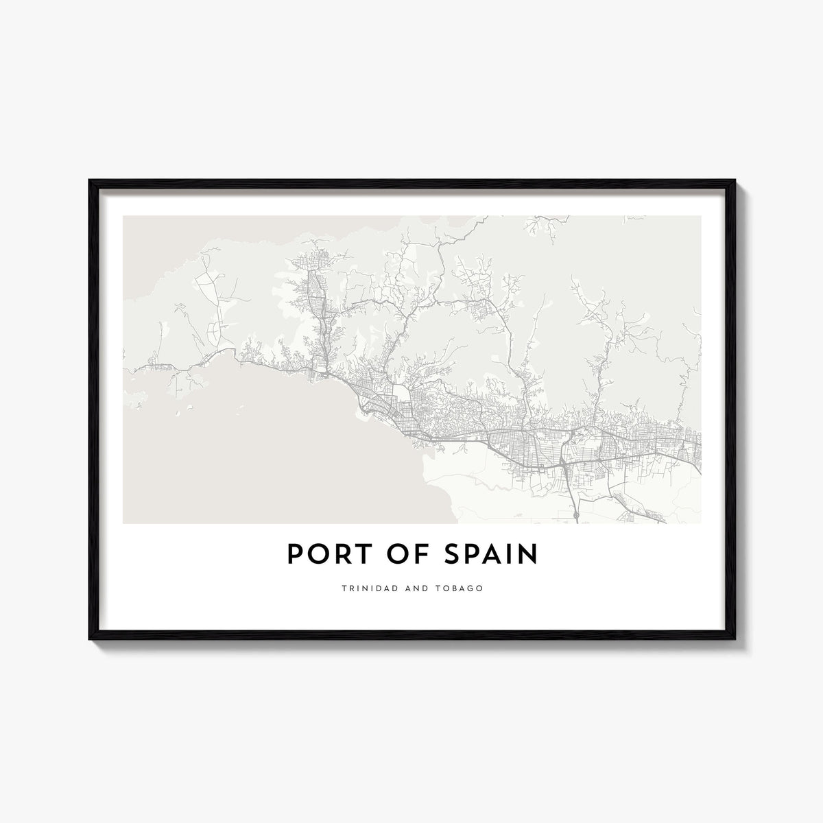 Port of Spain black & white map poster of Trinidad and Tobago – horizontal wall art, unframed print shown in interior mockup
