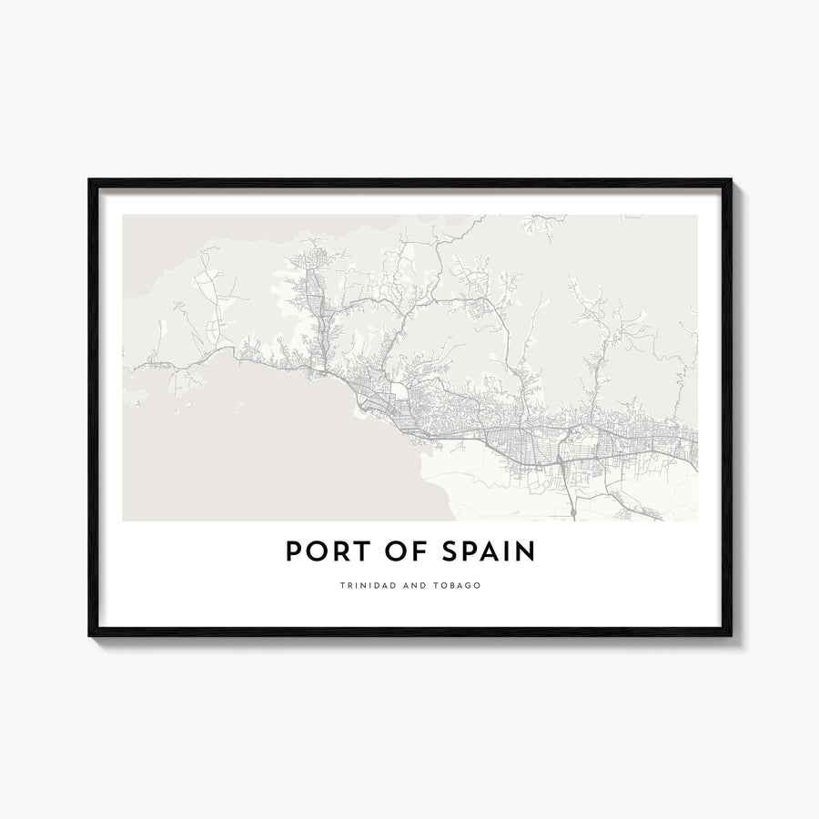 Port of Spain black & white map poster of Trinidad and Tobago – horizontal wall art, unframed print shown in interior mockup