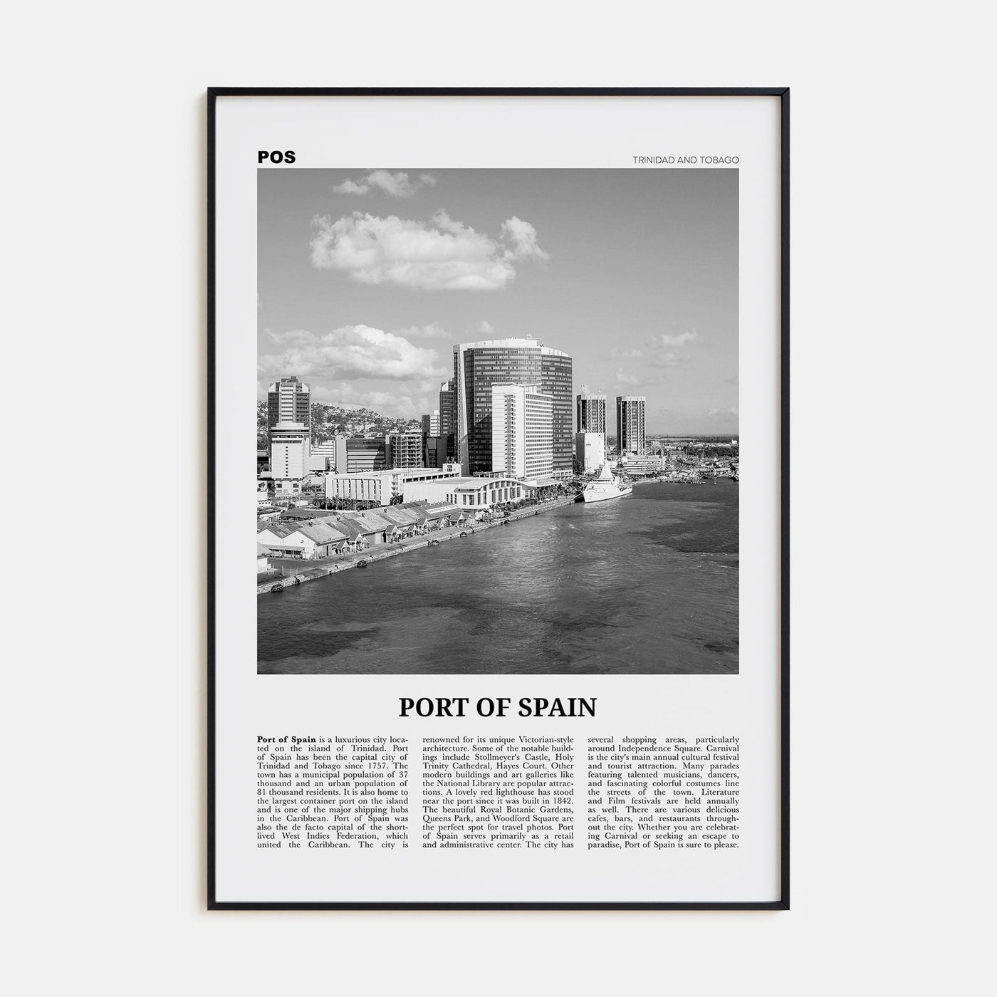 Port of Spain Poster Black Metal / 8x12 in Nbourhood Travel B&W Poster