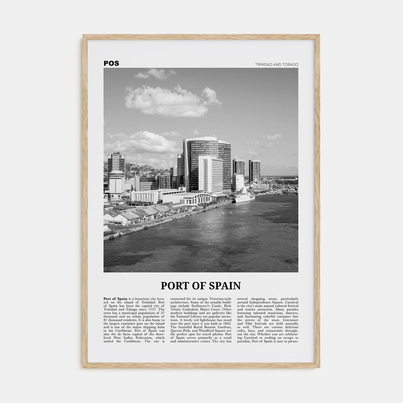 Port of Spain Poster Natural Wood / 8x12 in Nbourhood Travel B&W Poster