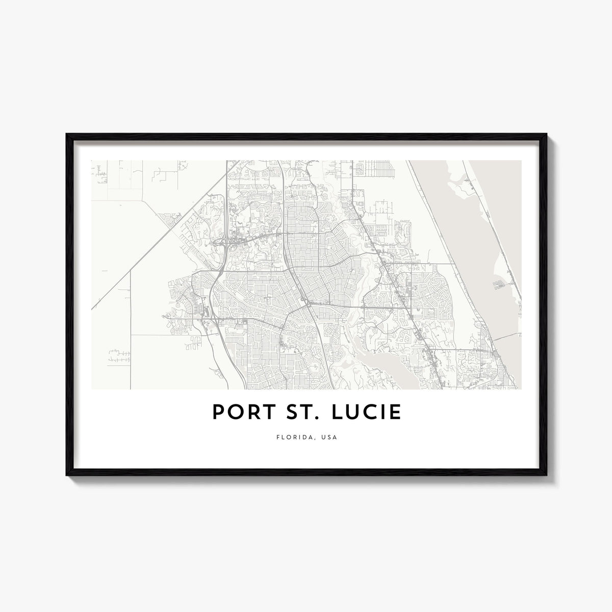 Port St. Lucie black & white map poster of Florida, USA – horizontal wall art, unframed print shown in interior mockup