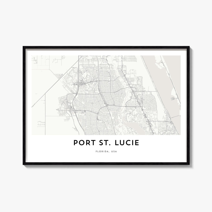 Port St. Lucie black & white map poster of Florida, USA – horizontal wall art, unframed print shown in interior mockup