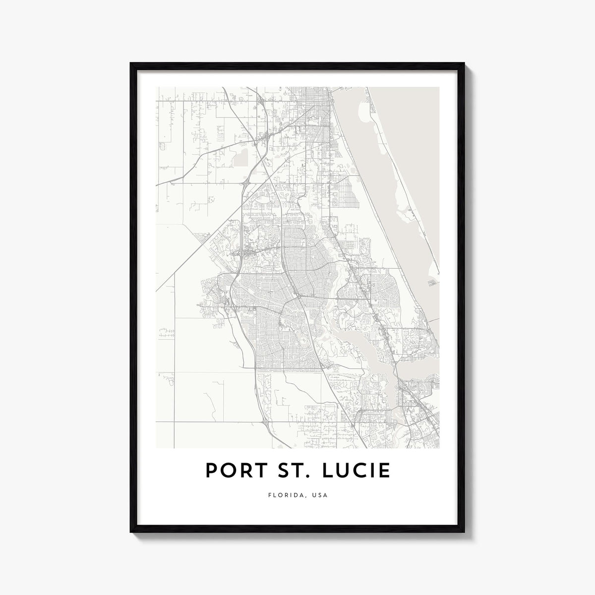 Port St. Lucie black & white map poster of Florida, USA – vertical wall art, unframed print shown in interior mockup
