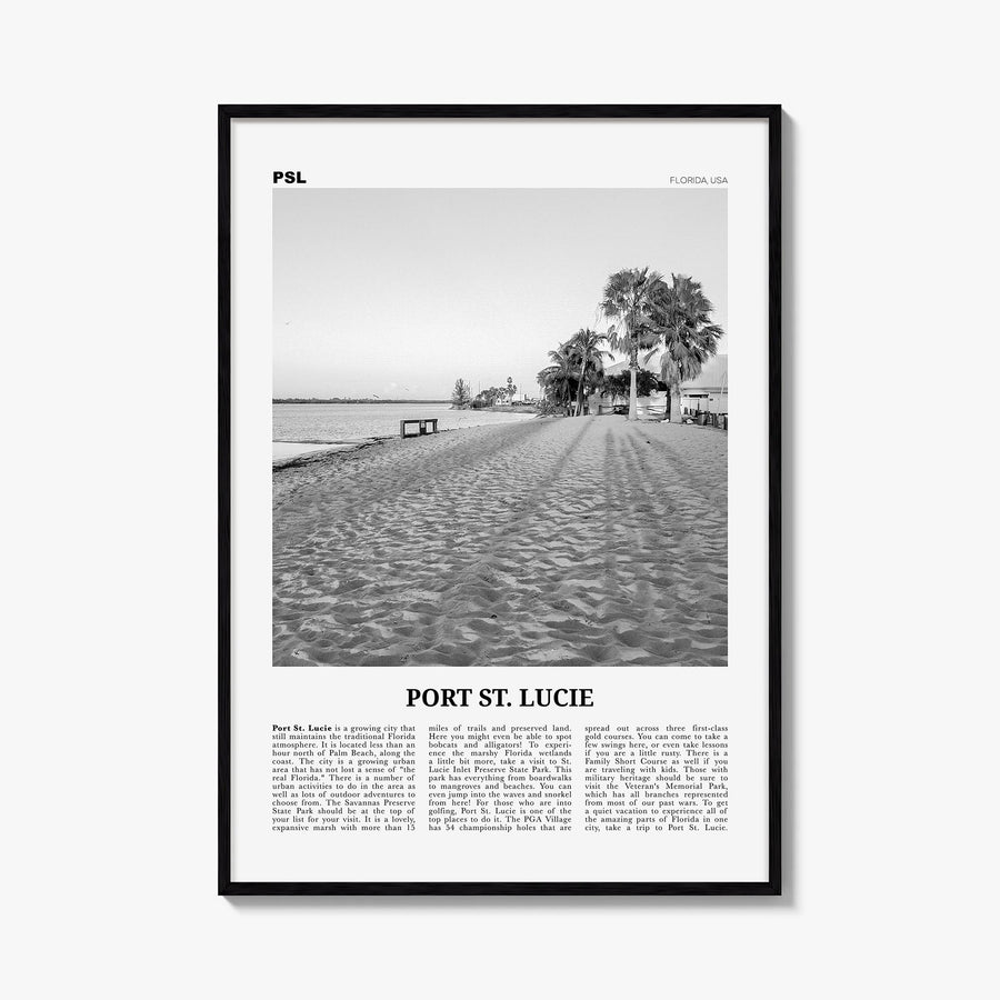 Port St. Lucie black & white newspaper poster of Florida, USA – vertical wall art, unframed print shown in interior mockup