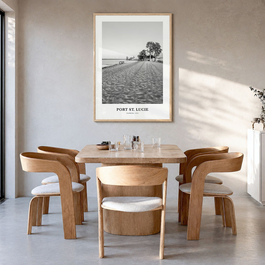 Port St. Lucie Classic Poster in a natural wood frame, hanging in a dining room