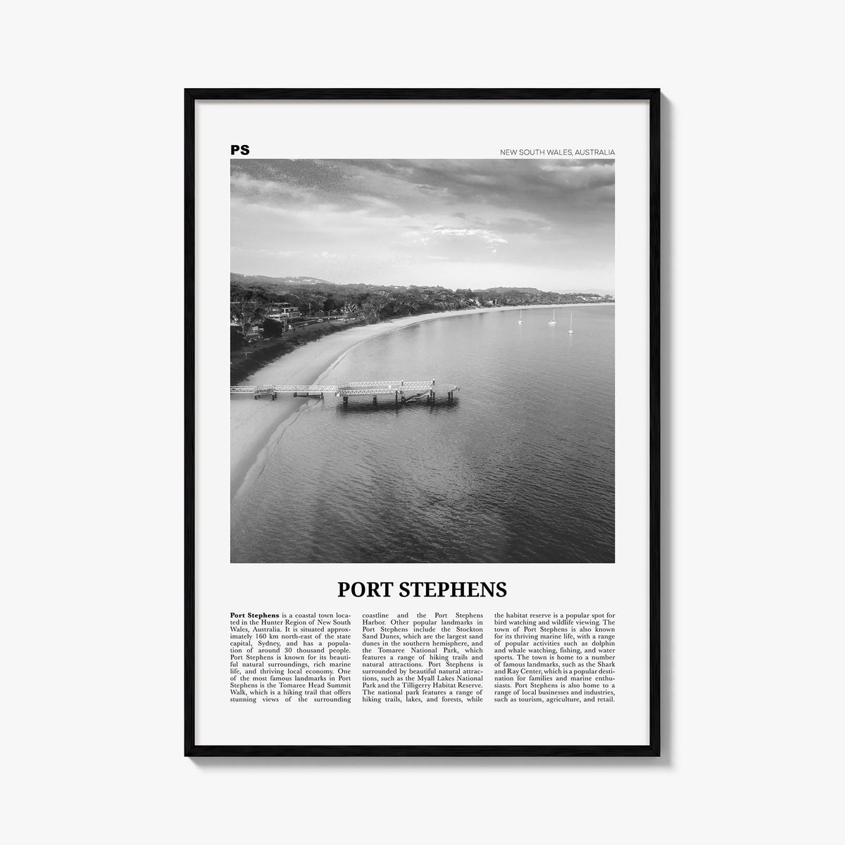 Port Stephens black & white newspaper poster of Australia – vertical wall art, unframed print shown in interior mockup