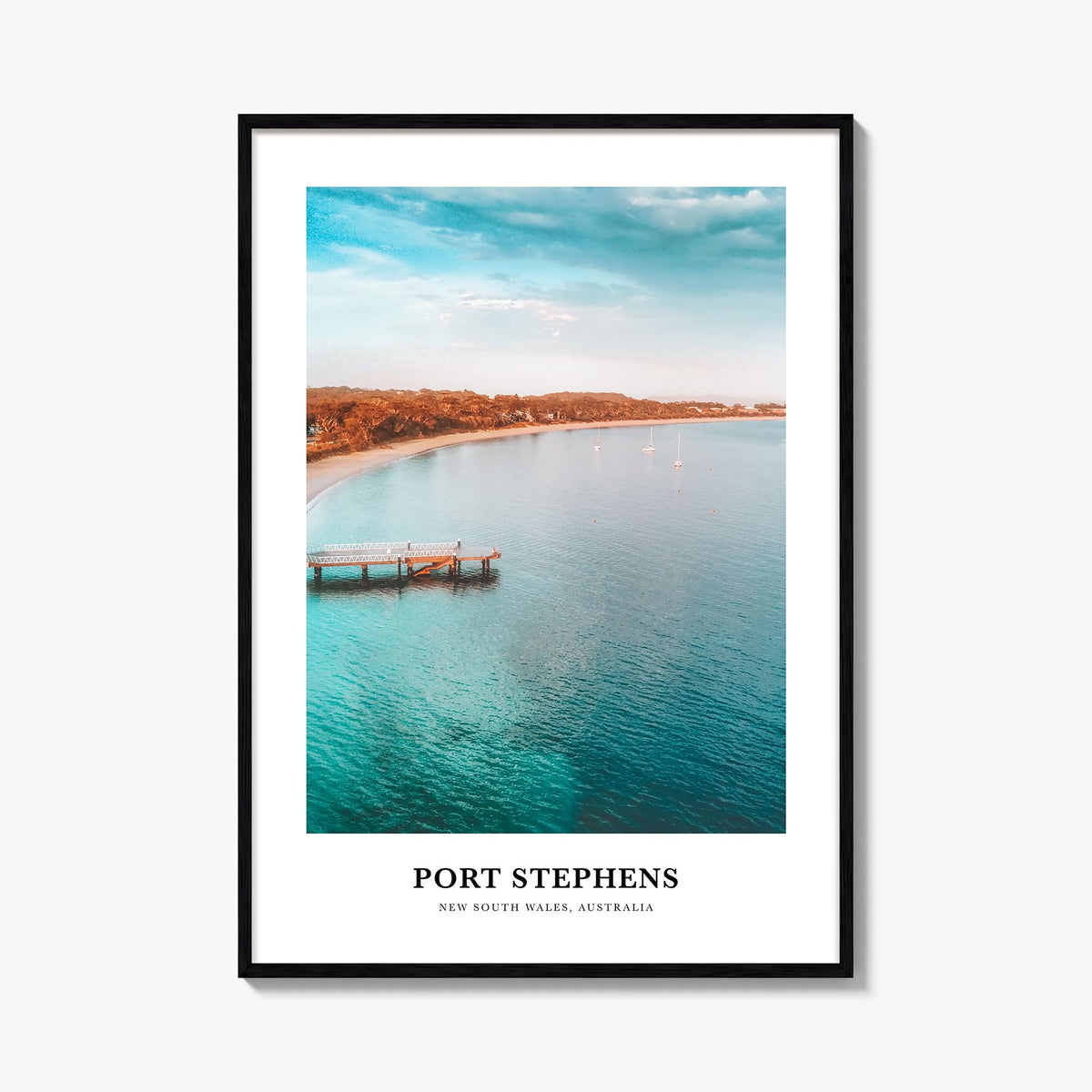 Port Stephens colorful classic poster of Australia – vertical wall art, unframed print shown in interior mockup