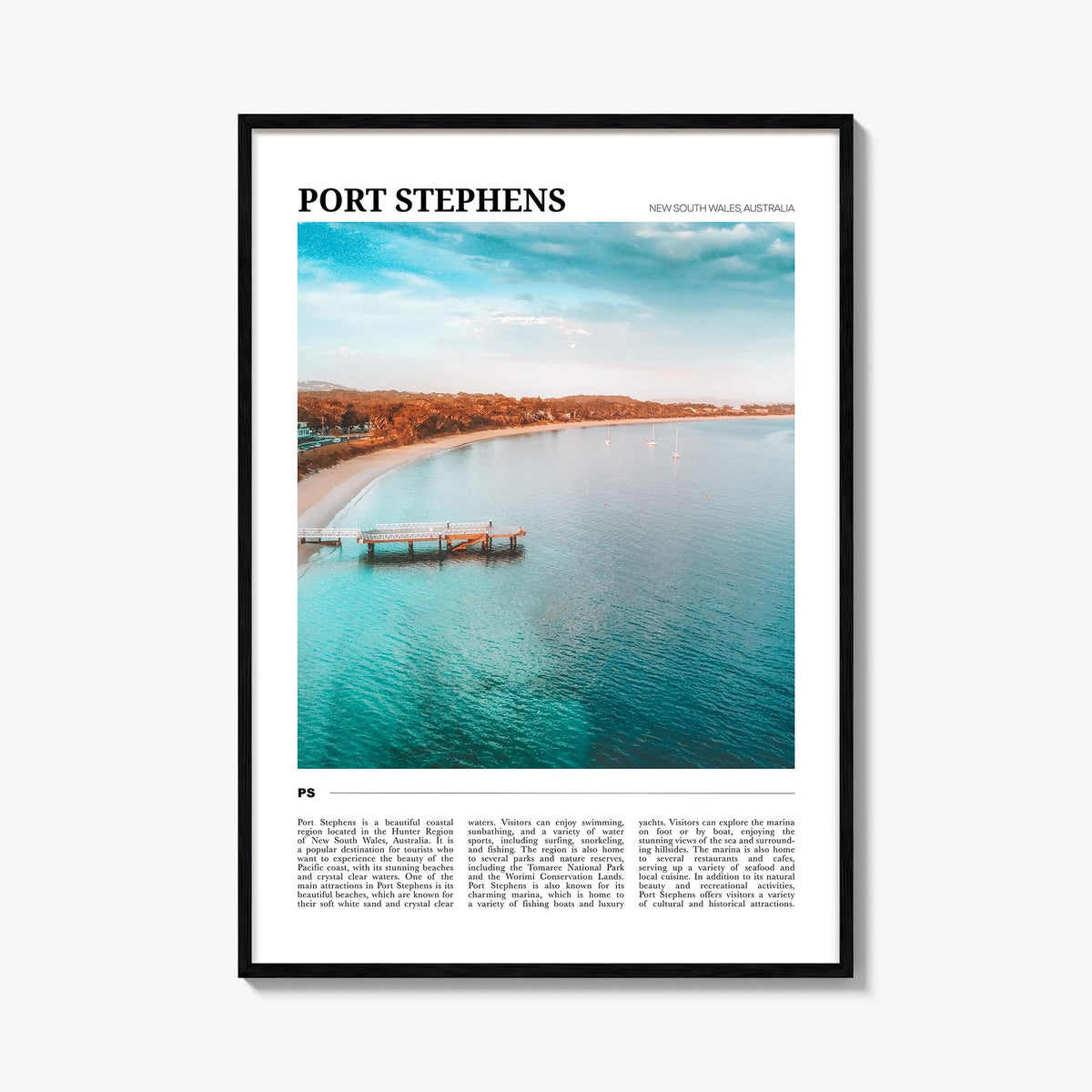 Port Stephens colorful travel poster of Australia – vertical wall art, unframed print shown in interior mockup