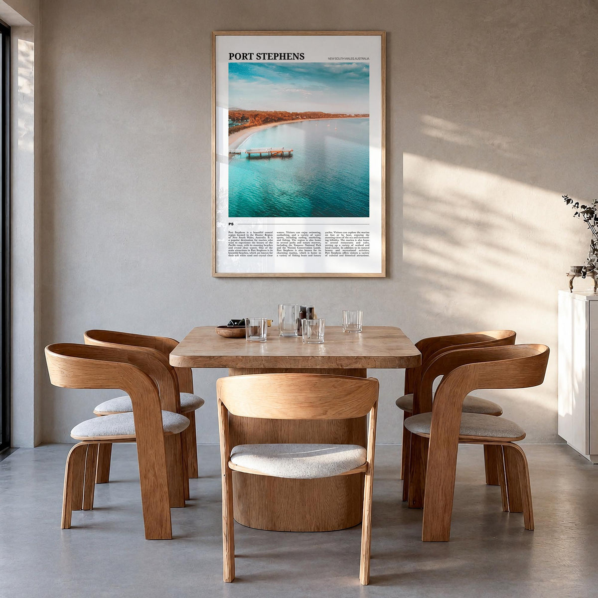 Port Stephens colorful travel poster of Australia – vertical wall art in natural wood frame, hanging on wall