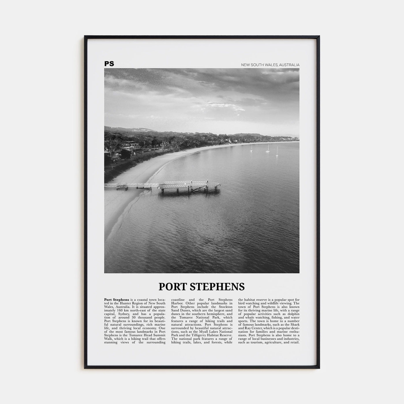 Port Stephens Poster Black Metal / 8x12 in Nbourhood Travel B&W Poster