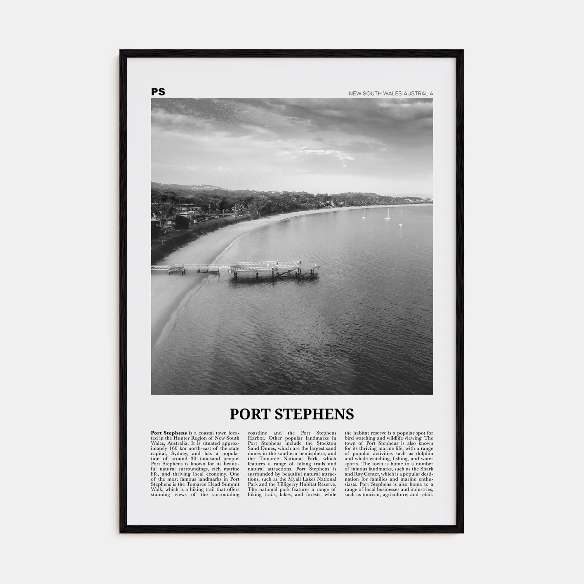 Port Stephens Poster Black Wood / 8x12 in Nbourhood Travel B&W Poster