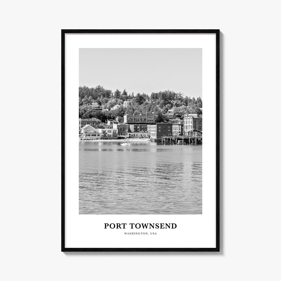 Port Townsend black & white classic poster of Washington, USA – vertical wall art, unframed print shown in interior mockup
