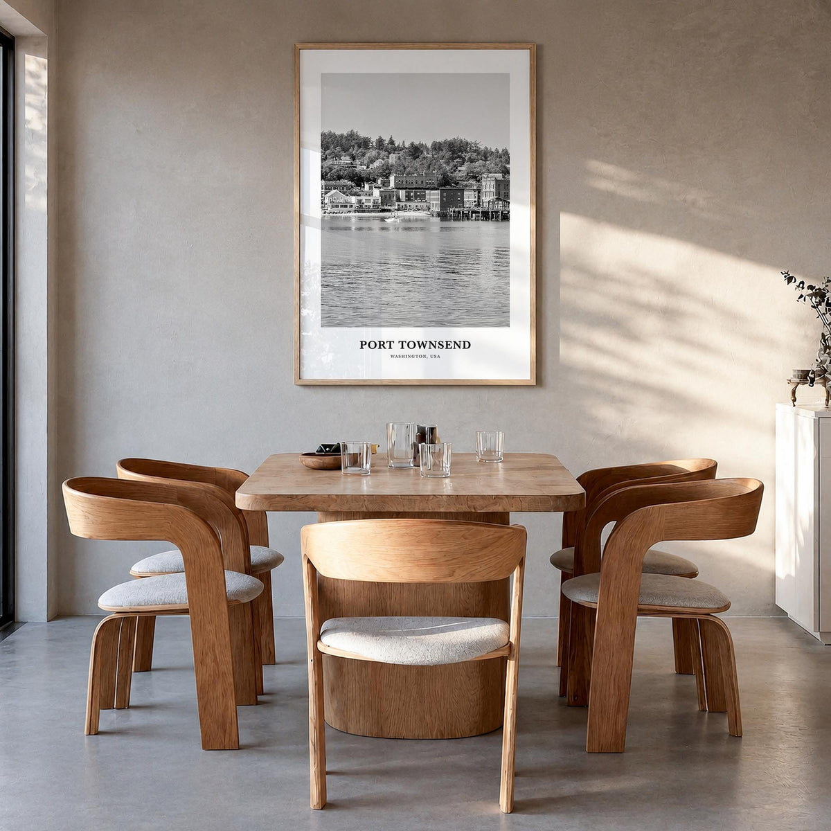 Port Townsend black & white classic poster of Washington, USA – vertical wall art in natural wood frame, hanging on wall