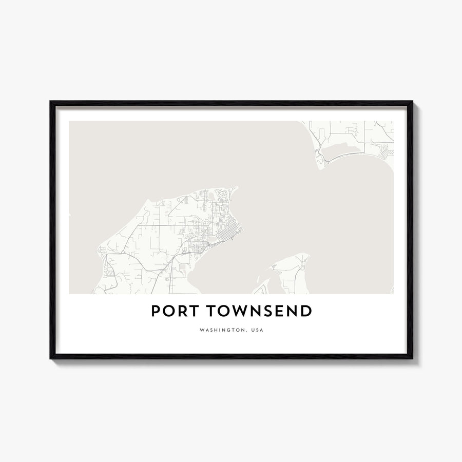 Port Townsend black & white map poster of Washington, USA – horizontal wall art, unframed print shown in interior mockup