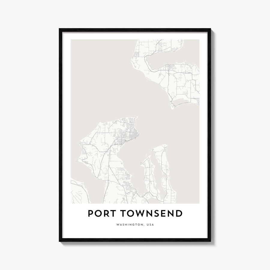 Port Townsend black & white map poster of Washington, USA – vertical wall art, unframed print shown in interior mockup