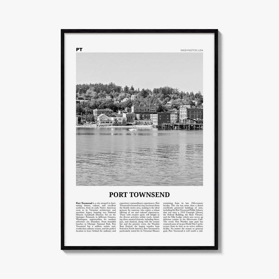 Port Townsend black & white newspaper poster of Washington, USA – vertical wall art, unframed print shown in interior mockup