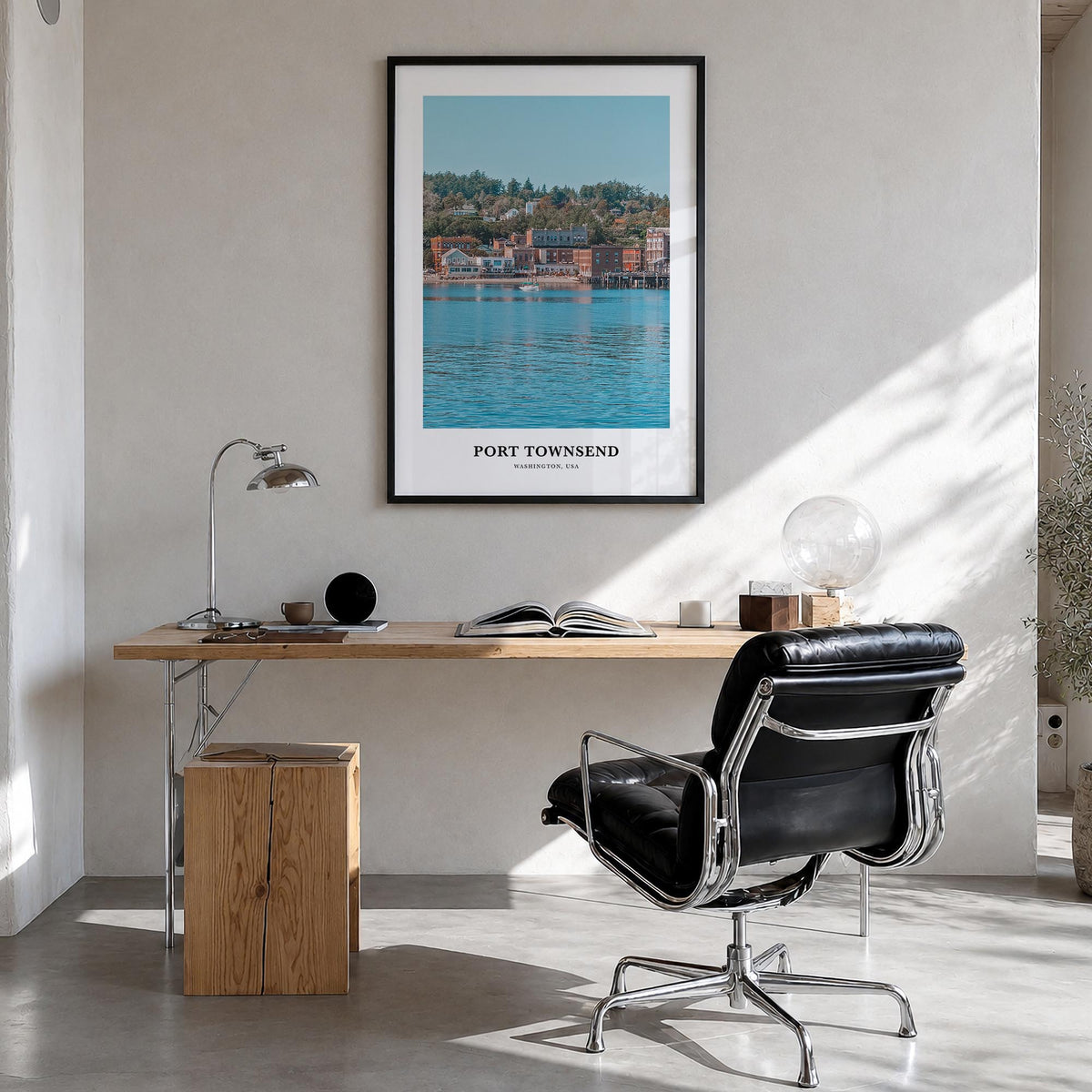 Port Townsend colorful classic poster of Washington, USA – vertical wall art in black wood frame, hanging on wall