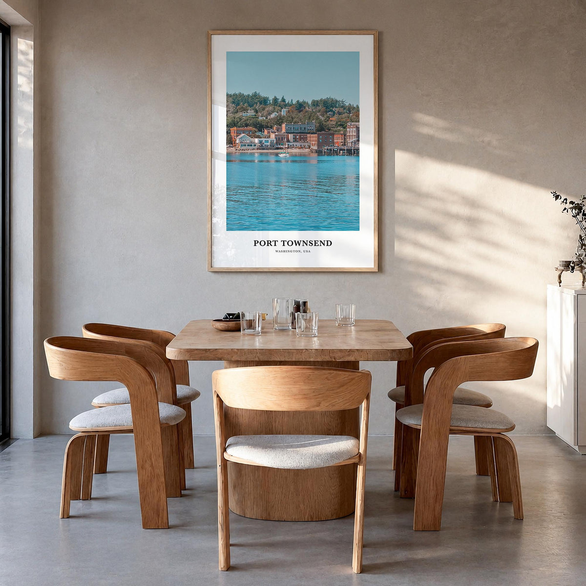 Port Townsend colorful classic poster of Washington, USA – vertical wall art in natural wood frame, hanging on wall