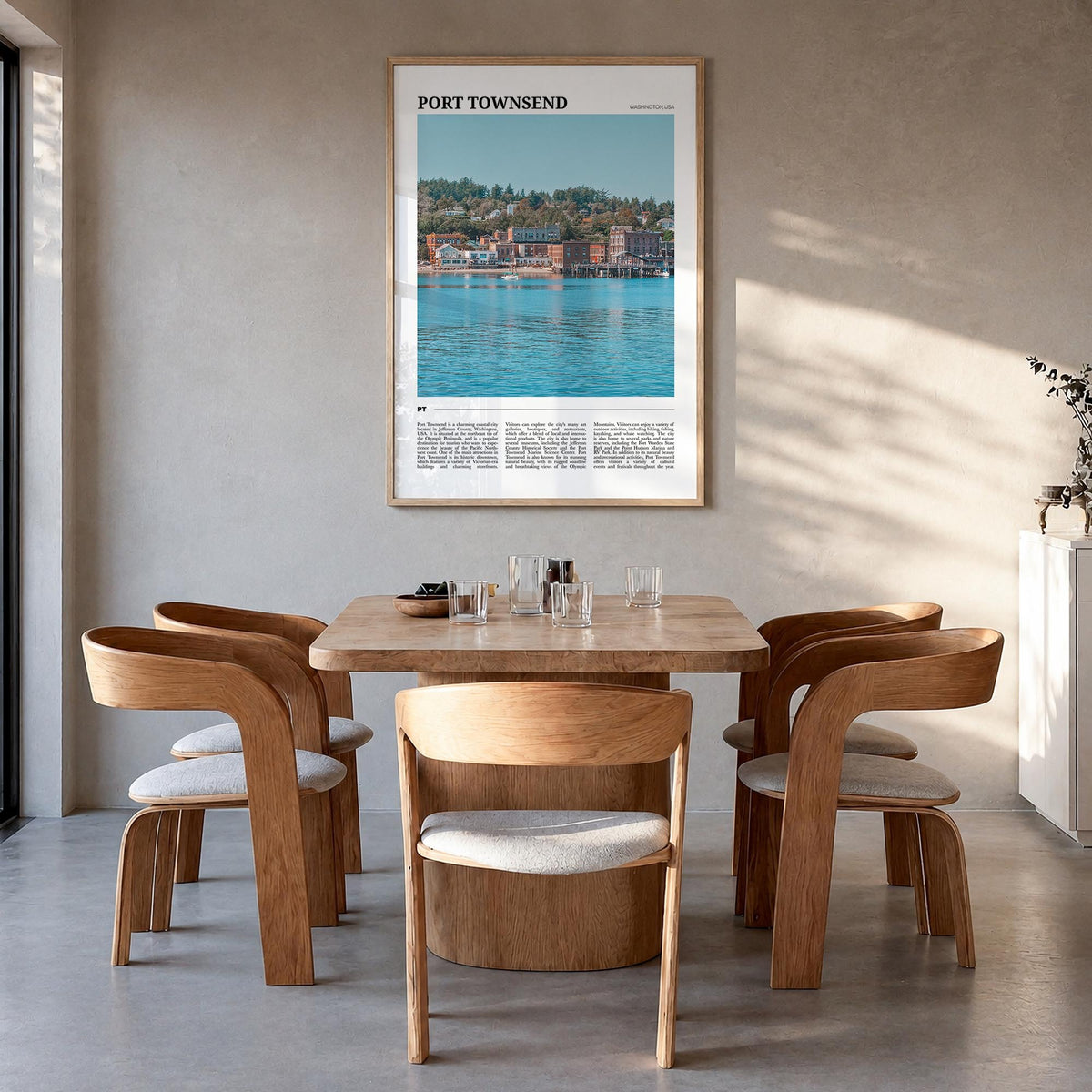 Port Townsend colorful travel poster of Washington, USA – vertical wall art in natural wood frame, hanging on wall