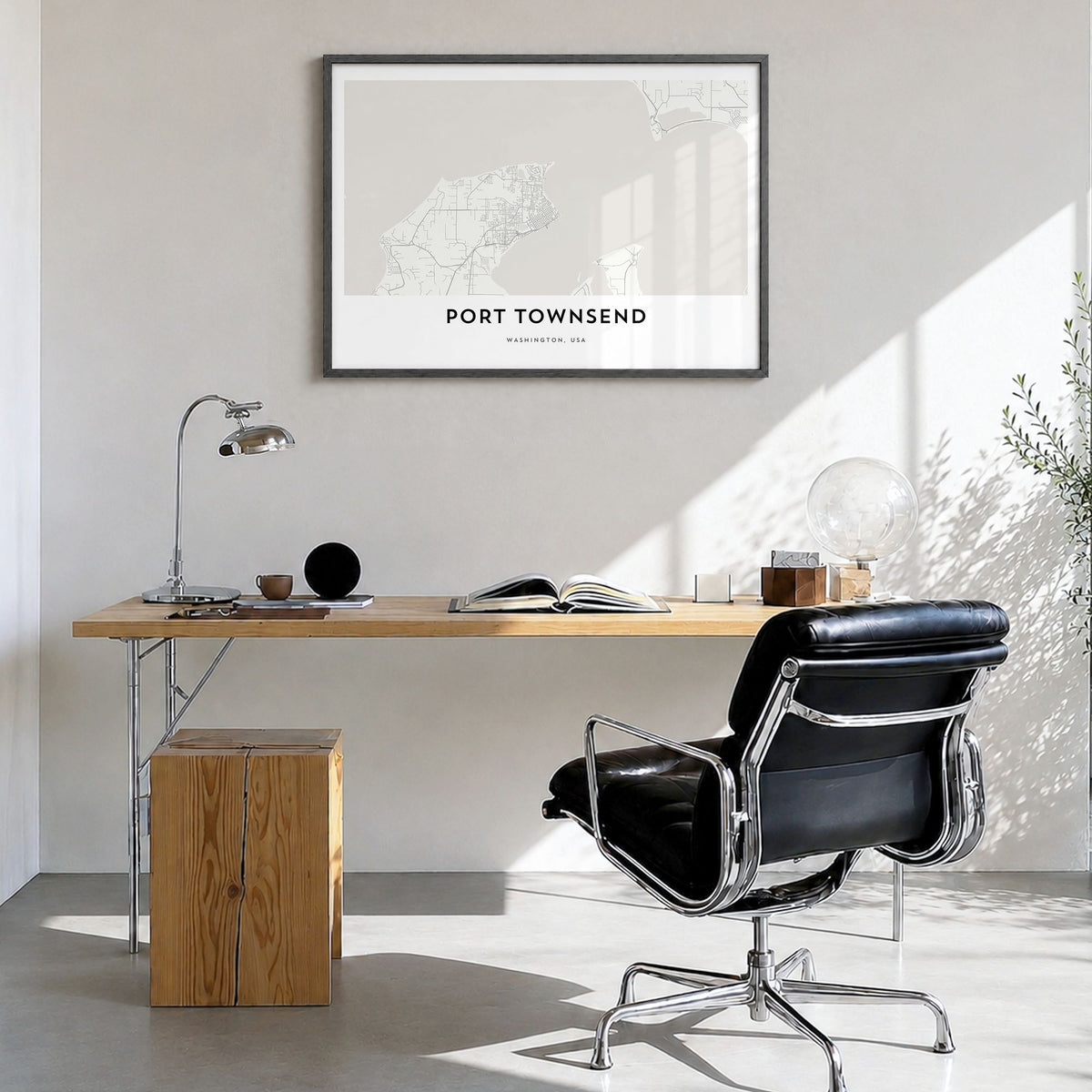 Port Townsend Map Poster in a black wood frame, hanging in a bright home office