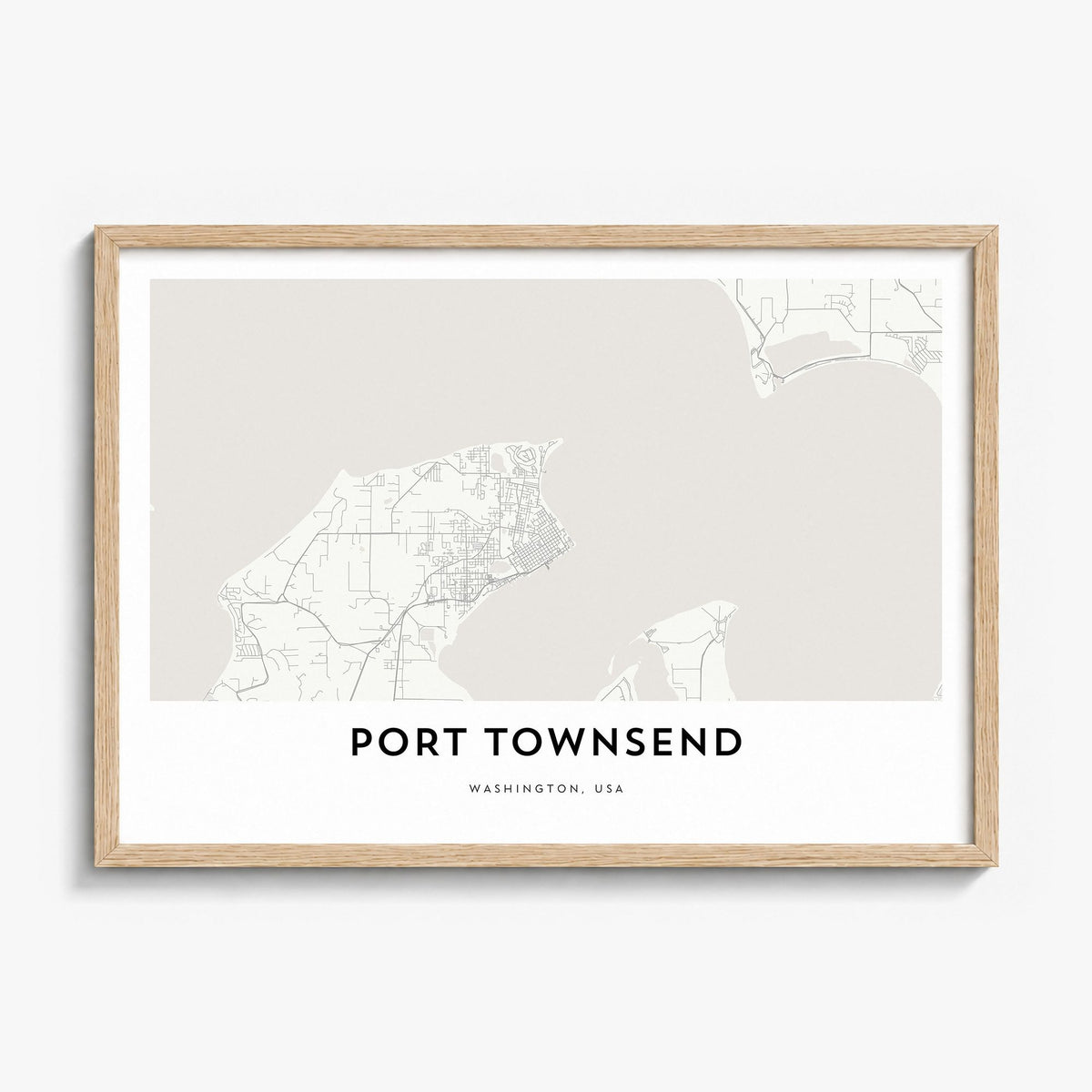 Port Townsend Map Poster in a natural wood frame