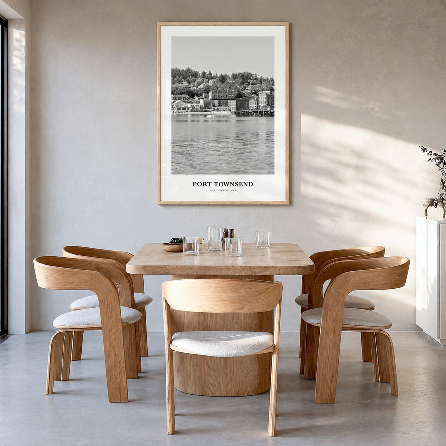 Port Townsend Classic Poster in a natural wood frame, hanging in a dining room