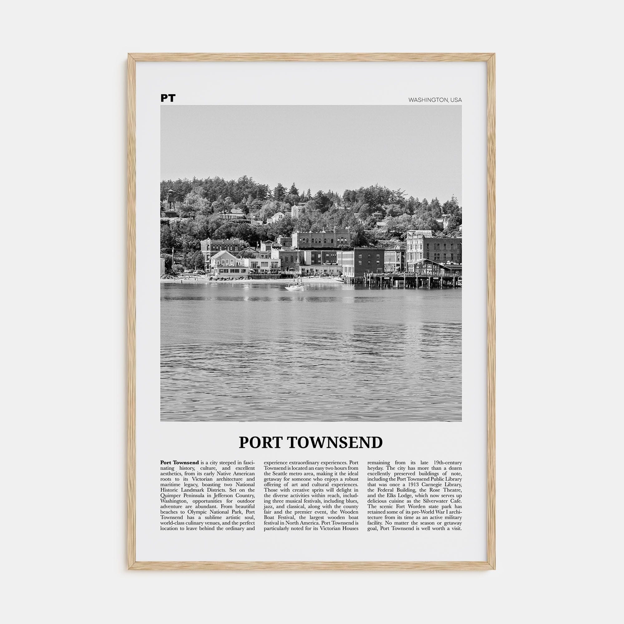 Port Townsend Poster Natural Wood / 8x12 in Nbourhood Travel B&W Poster