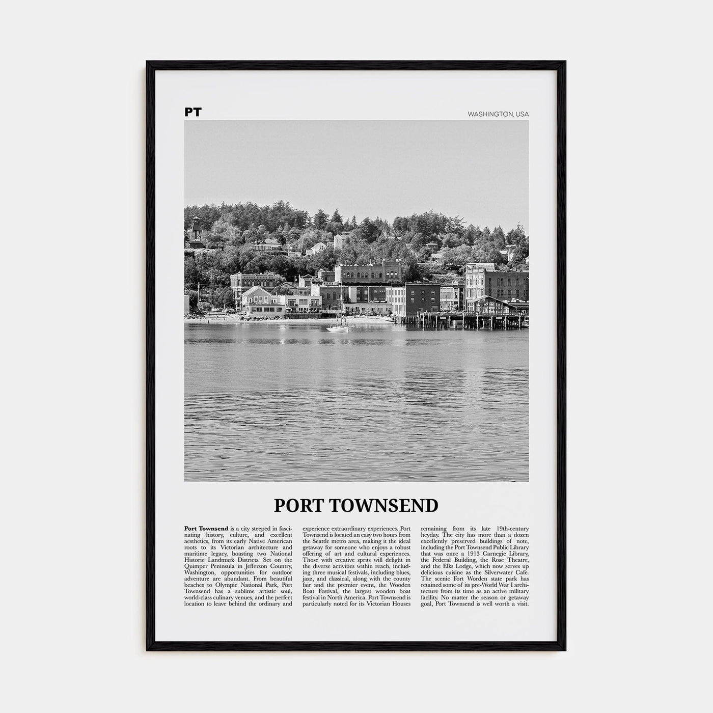 Port Townsend Poster Black Wood / 8x12 in Nbourhood Travel B&W Poster