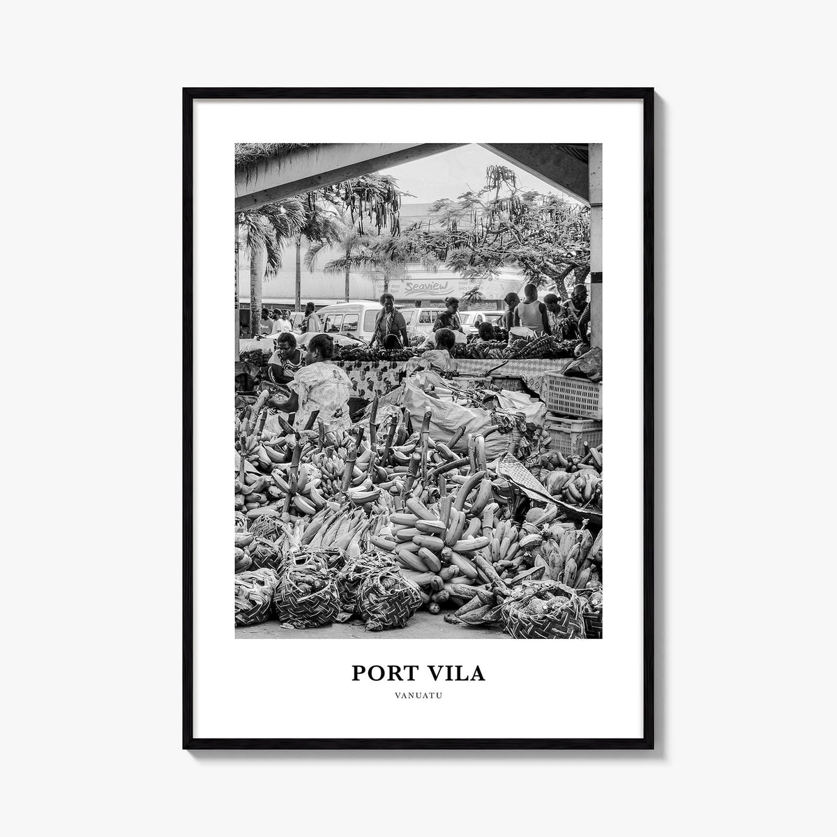 Port Vila black & white classic poster of Vanuatu – vertical wall art, unframed print shown in interior mockup