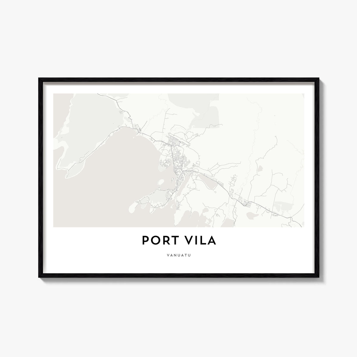 Port Vila black & white map poster of Vanuatu – horizontal wall art, unframed print shown in interior mockup