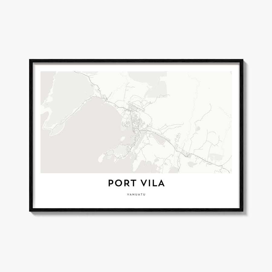 Port Vila black & white map poster of Vanuatu – horizontal wall art, unframed print shown in interior mockup