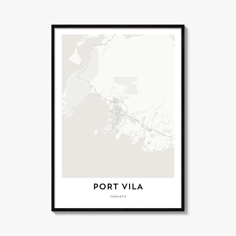 Port Vila black & white map poster of Vanuatu – vertical wall art, unframed print shown in interior mockup