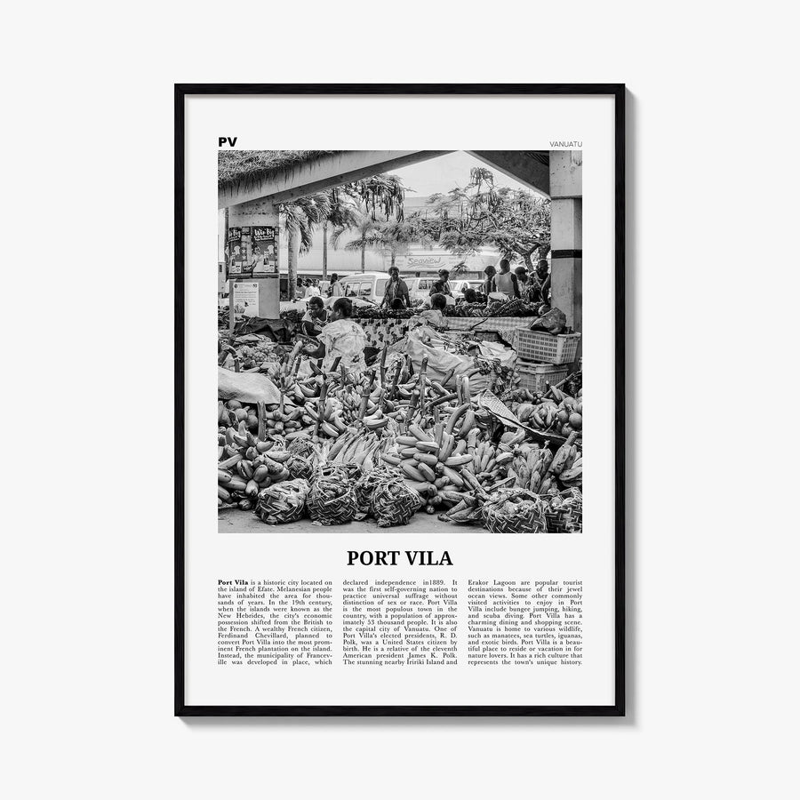 Port Vila black & white newspaper poster of Vanuatu – vertical wall art, unframed print shown in interior mockup