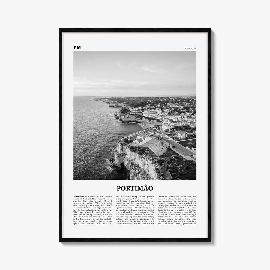 Portimão black & white newspaper poster of Portugal – vertical wall art, unframed print shown in interior mockup