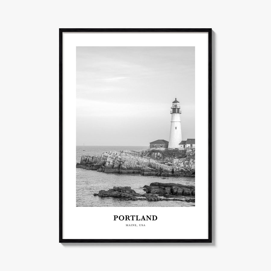 Portland, Maine black & white classic poster of Maine, USA – vertical wall art, unframed print shown in interior mockup
