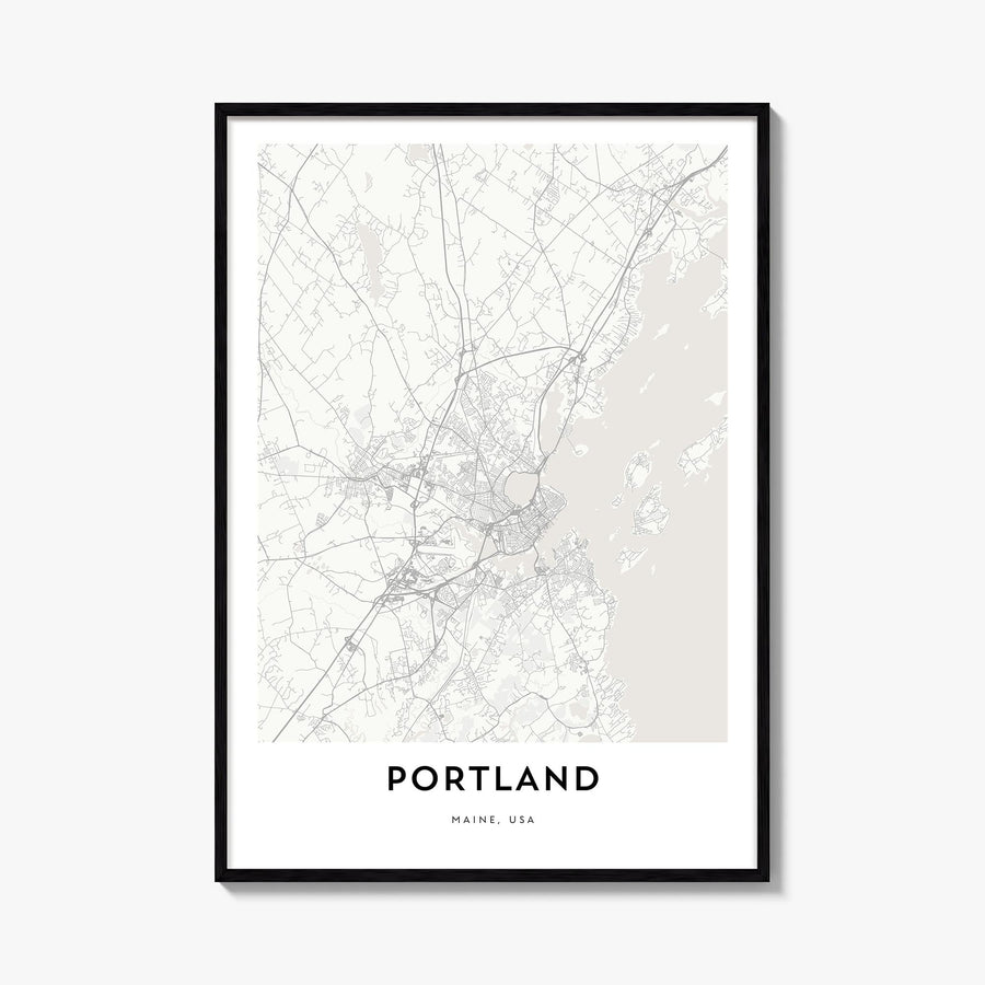 Portland, Maine black & white map poster of Maine, USA – vertical wall art, unframed print shown in interior mockup