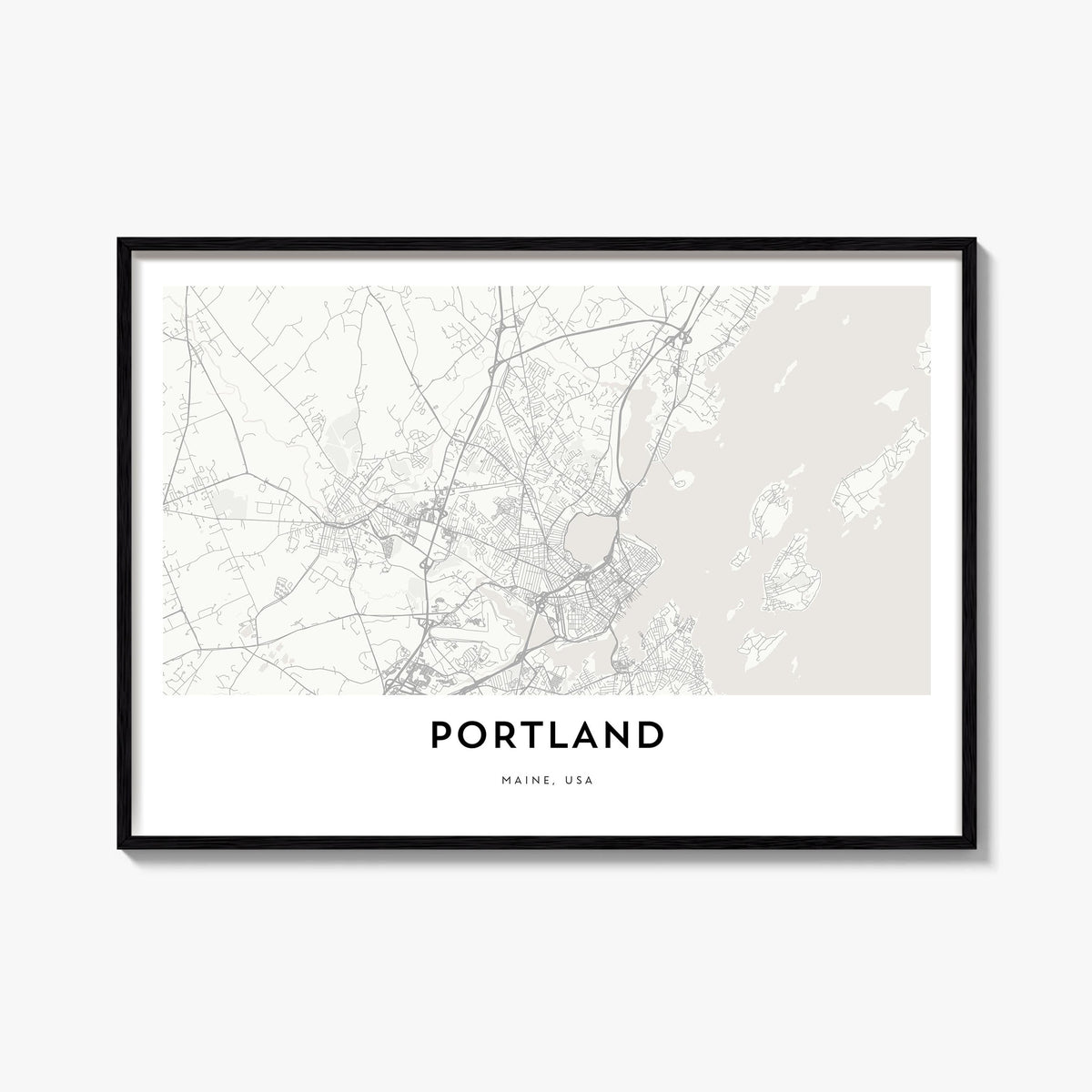 Portland, Maine black & white map poster of Maine, USA – horizontal wall art, unframed print shown in interior mockup