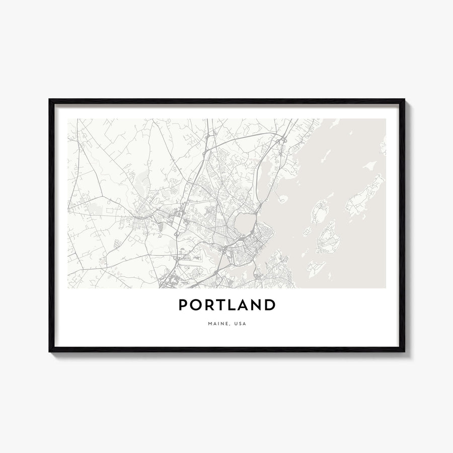 Portland, Maine black & white map poster of Maine, USA – horizontal wall art, unframed print shown in interior mockup