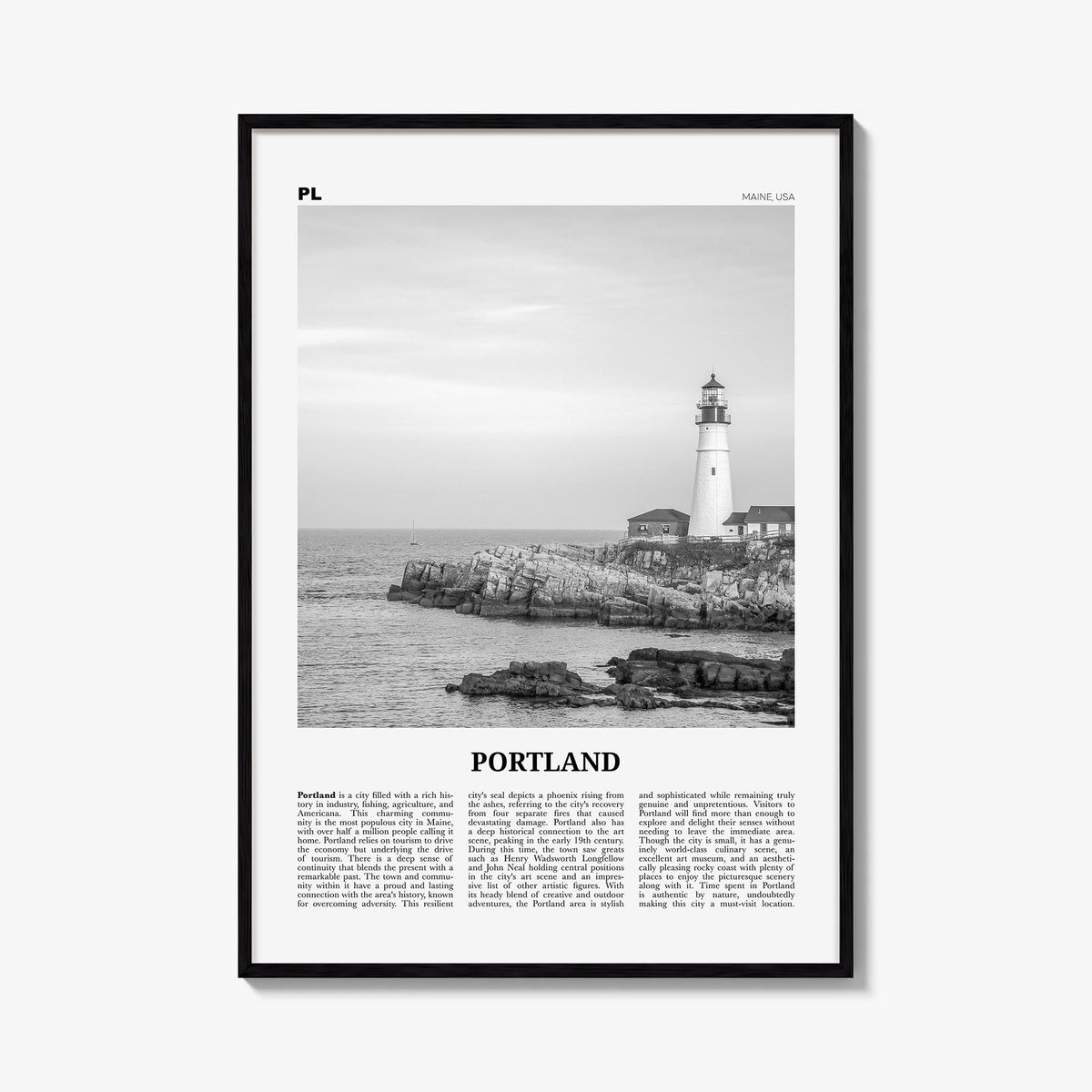 Portland, Maine black & white newspaper poster of Maine, USA – vertical wall art, unframed print shown in interior mockup