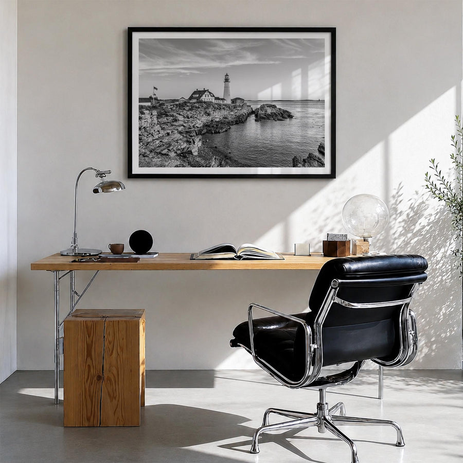 Portland, Maine black & white photo poster of Maine, USA – horizontal wall art in black wood frame with white border, hanging