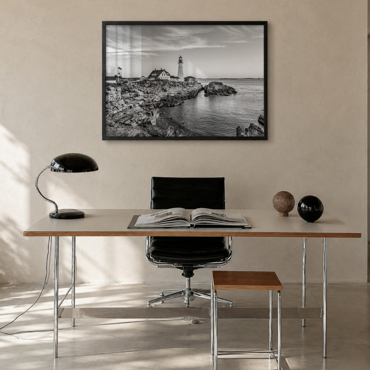 Portland, Maine black & white photo poster of Maine, USA – horizontal wall art in black wood frame, hanging on wall